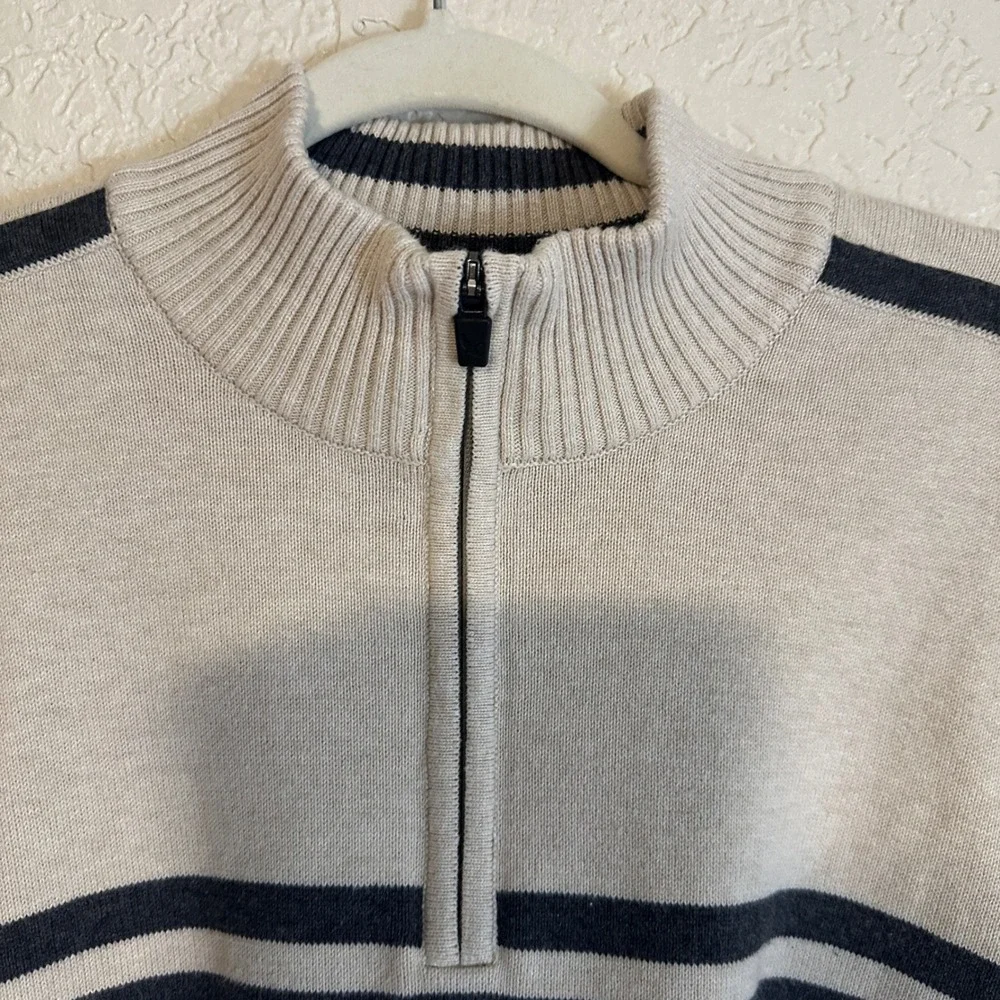 Eddie Bauer Quarter Zip Sweater Ivory Beige XL Striped‎ Pullover Cotton Casual